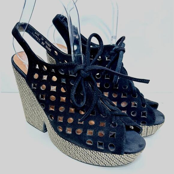 Jeffrey Campbell Suede Lace Up Platform Heel Peep Toe Sandal Black Women 8.5 - Picture 3 of 11